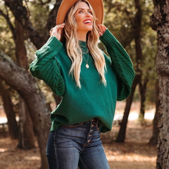 NEW -LUKE CONTRAST CABLE KNIT SWEATER - HUNTER GREEN - Picture 8 of 11